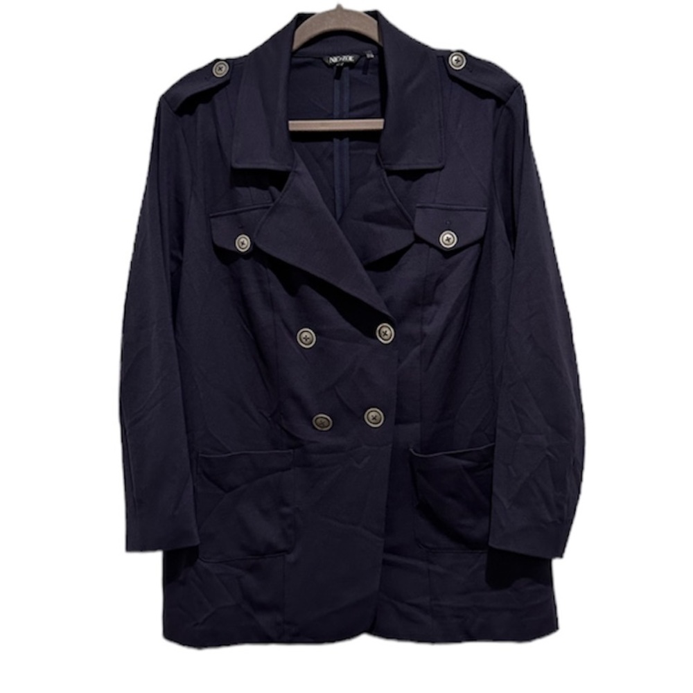 NIC+ZOE Navy Blue Double Breasted Military Blazer Jacket with Pockets Wo…